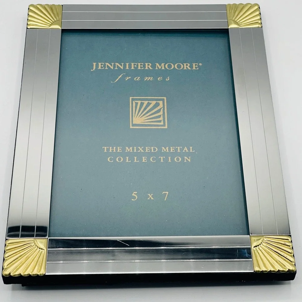 Jennifer Moore Mixed Metal Art Deco 5x7 Picture Frame Silver Gold Black Fan Trim